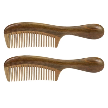 2 Гребени за коса от естествен зелен сандалово дърво ръчна изработка - Антистатични Натурален аромат на сандалово дърво (широк зъб)