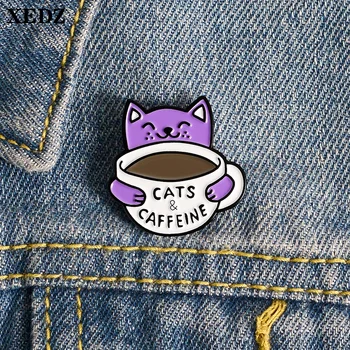 2020 сладък котка и кафеена чаша эмалированная жени на поръчка брошка във формата на животно, котка и кофеин икона чанта, брошка на ревера обтегач бижута за подарък на приятел