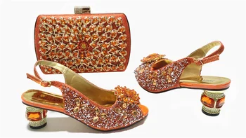 2021 Африка Хит на Продажбите Neirian Fashon Италиански Дизайн в Класически Стил Оранжев Цвят Благороден Вечерни Сватбени Дамски Обувки и Чанта В комплекта