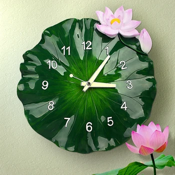 3D creative изкуство зелен лотус стенен часовник с модерен дизайн тъпо селска кухня часовник изкуството на нео-класически ням ретро смола вятър стенни часовници