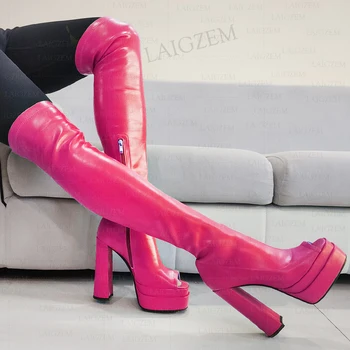 LAIGZEM/ Женски ботфорты на висок ток с отворени пръсти, ботуши на висок ток с дебелина 14,5 см, дамски обувки от изкуствена кожа, големи Размери 33, 38, 42, 43