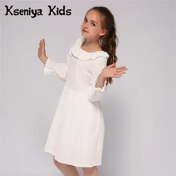 Nelly/ Детско Пролетно-есенни бяла рокля за Кръщение момичета с дълги ръкави и яка, с къдри от 2 до 9 години