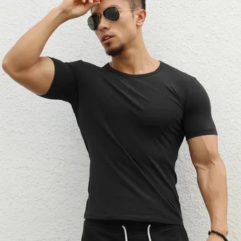 W1487 -Тренировка фитнес мъжка тениска с къс ръкав за мъже термална мускулна облекло за бодибилдинг компресиране Еластична, Тънка дрехи за упражнения