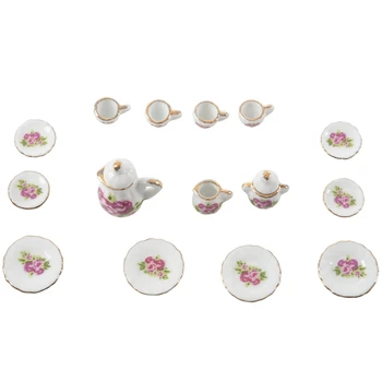 Горещи 15 парчета Порцелан чай Куклена къща миниатюрни продукти Китайска роза прибори чаша