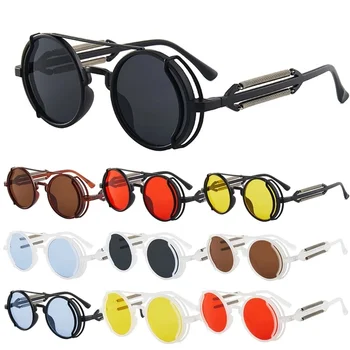 Готически Слънчеви Очила В Стил Steampunk UV400 Висококачествени Цветни Лещи Очила, Мъжки, Женски Ретро Кръгли Слънчеви Очила В Метални Рамки за Очила