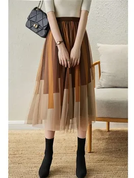 Дълга Пола Дамска Мода 2022 Пролет Новият Корейски Контрастен Цвят С Висока Талия Плиссированная Пола Макси Дамски Окото Пола Faldas Mujer Moda