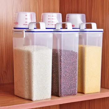 Кофа за ориз с голям капацитет фланец влагоустойчив, отговарят на високи резервоар с дръжка Мерителна чаша Прозрачна Въртяща кухненски кутия за съхранение на зърно и хранителни продукти