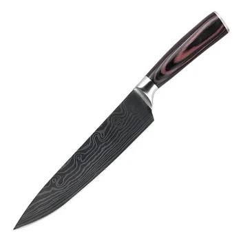 Кухненски нож лазерен зърнеста кухненски нож от неръждаема стомана 4Cr14 стомана, цветна дървена дръжка с 8-инчов кухненски нож за месо нож, ловен нож