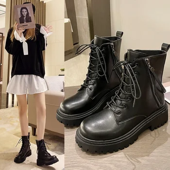 Модни дамски обувки в елегантен стил, есенно-зимни черни обувки с висок берцем в корейски стил на дебела подметка, къси мотоциклетни ботуши в британски стил