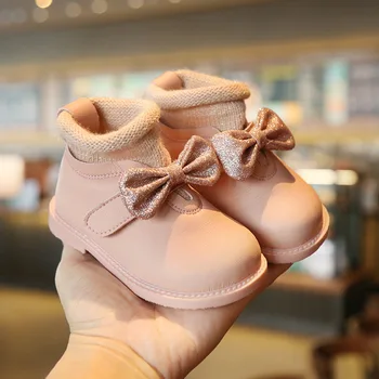 Модни детски обувки на равна подметка за деца, обувки Martin за малки момичета, хубава детска розова обувки Принцеса с Лък за малки Момичета, памучен Обувки