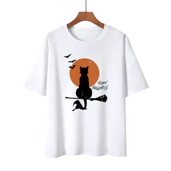 Мъжки Женска Тениска С Котка На Хелоуин, Памучен Тениска С Къс Ръкав, Тениска С Ужасите За Хелоуин, Дрехи С Кръгло Деколте