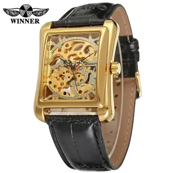 Мъжки часовник WINNER Луксозни Маркови Механични Часовници с Кожена Каишка С виртуален скелет Цвят Злато Каишка черен WRG8004M3