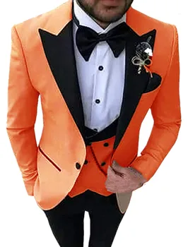 Направен по поръчка на Мъжки костюми Оранжево и черно, смокинги за младоженеца с ревера, 3 предмет в пакет (Яке + Панталон + елек + папийонка) D273