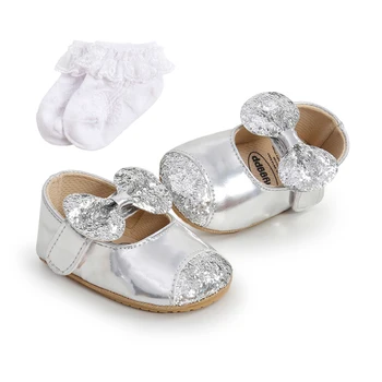 Сватбени обувки на Принцесата на мека противоплъзгаща подметка за деца, детски обувки за креватче с лък от 0 до 18 месеца, обувки на плоска подметка, от изкуствена кожа за малки момичета