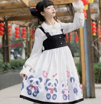 Сладка принцеса Лолита облечи сладката панда печатни висока талия черно бяла мозайка рокля във викториански стил Kawaii момиче готическа Лолита АД