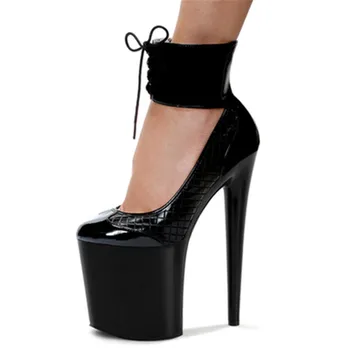Черни кожени обувки в клетката на много висок ток 20 см, сватбени обувки, модна шоу на сцената, обувки за танци