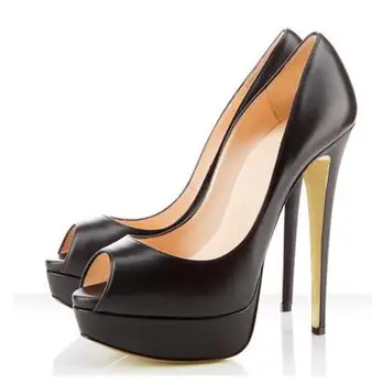 Черни обувки с телесен цвят с отворени пръсти на платформа от Матирана кожа на висок ток 14 см., обувки-лодка за банкет на тънък висок ток, вечерни тънки обувки